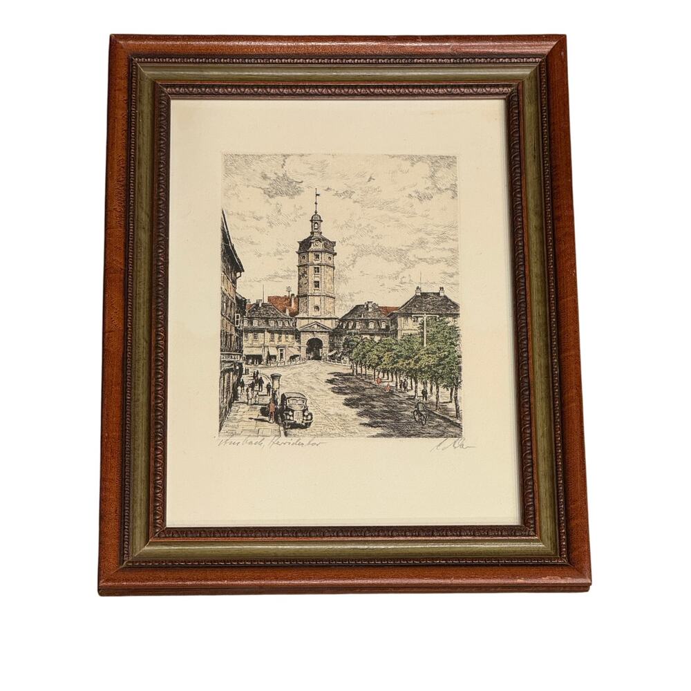 Moody Academia Etching: Historic German Castle Gate Wall Art Richard Adler 1950s